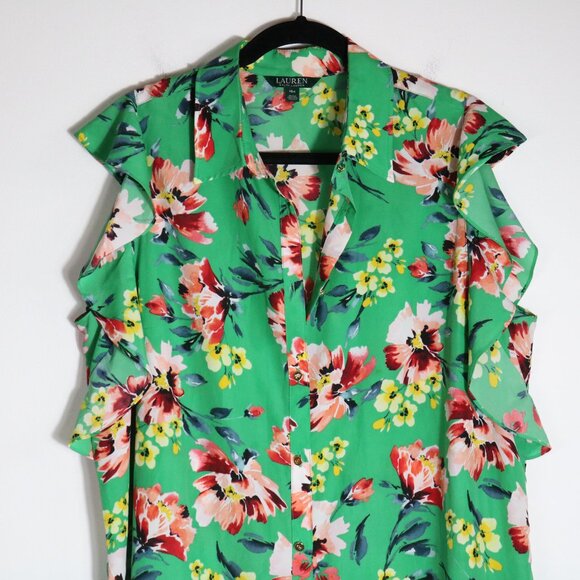 Lauren Ralph Lauren Green Floral Ruffle Tie Waist Midi Dress 16W Button Front - Picture 3 of 6
